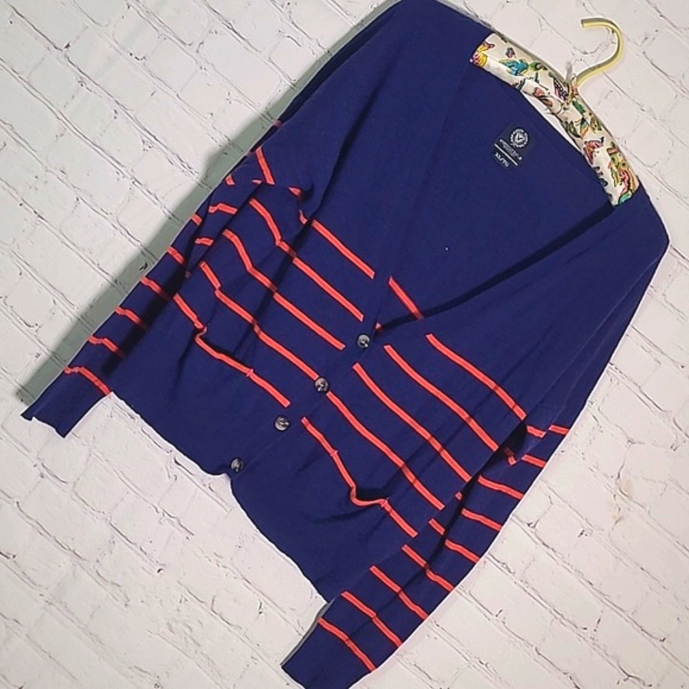 American Eagle Outfitters Navy Blue Orange Stripe Wool Rabbit Hair Blend Sweater - Picture 2 of 15